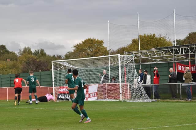Fareham score one of their six goals in the Wessex League Premier Division thumping of Brockenhurst. Picture: Paul Proctor.