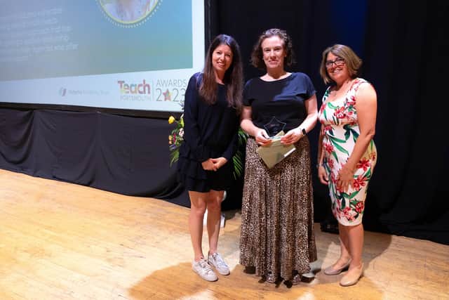 From left: Host Lucy Ambache, inclusion award winner Anne Ormston from The Harbour School and Nys Hardingham