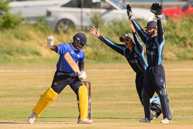 Portsmouth wicket-keeper Sujeeth Daini is trapped leg before by Ian Turner. Picture: Keith Woodland
