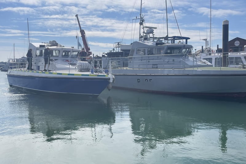 HMS Scimitar, a former Royal Navy patrol vessel, has been transformed into MV Lady Jean following a project in Gosport. She is due to sail to Tanzania and be used as a hospital boat. Pictured is HMS Scimitar alongside her sister ship, HMS Sabre.