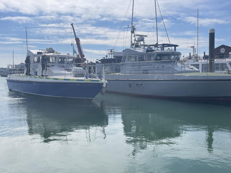 HMS Scimitar, a former Royal Navy patrol vessel, has been transformed into MV Lady Jean following a project in Gosport. She is due to sail to Tanzania and be used as a hospital boat. Pictured is HMS Scimitar alongside her sister ship, HMS Sabre.