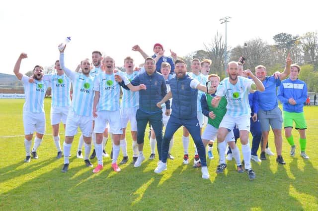 US Portsmouth celebrate victory at Tavistock en route to the FA Vase semi finals last season. Now most of that squad are at Moneyfields and are set to face Totton & Eling in  the first qualifying round in the 2021/22 tournament. Picture: Martyn White.
