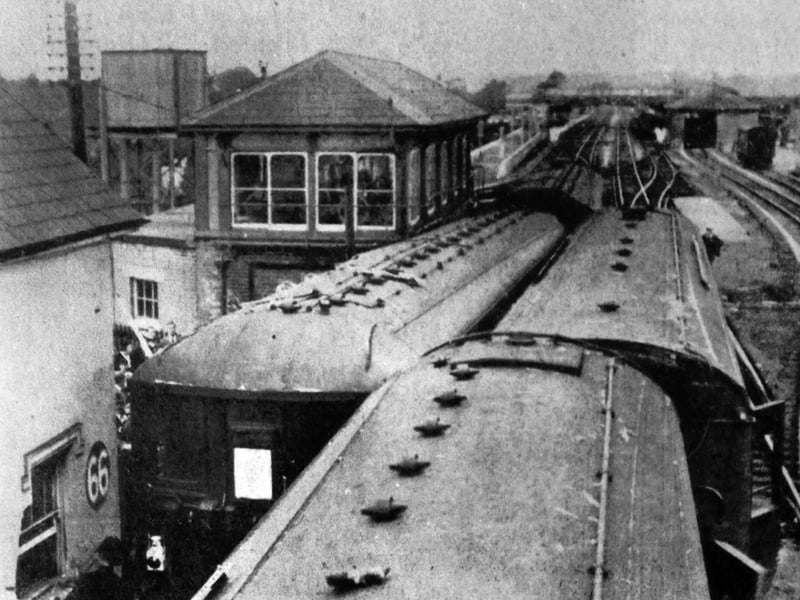 Train crash, a side-swipe collision at Havant 1939.
Looking down on the roofs of the down Brighton, left and the down Waterloo, right after coming to a  stand alongside Havant signal box
