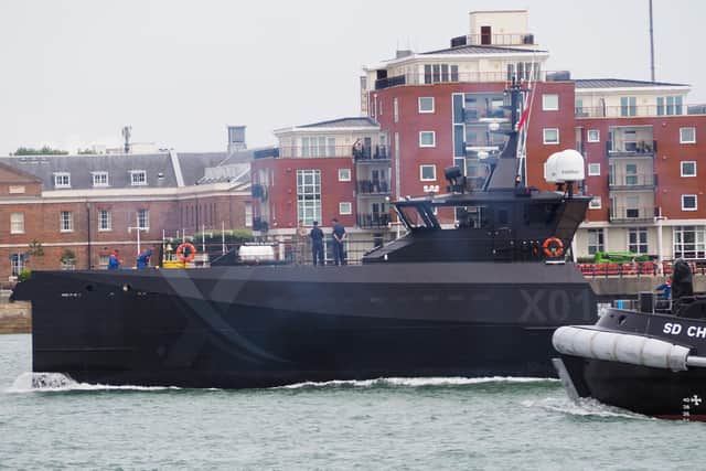 XV Patrick Blackett arrives in Portsmouth for the first time ahead of becoming the Royal Navy's new dedicated experimentation ship. PHOTO: @RNPics_