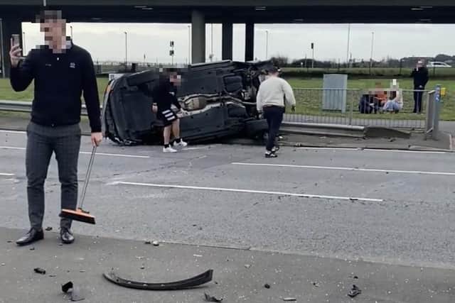 The scene of destruction on the Farlington Roundabout following a major pile-up earlier on February 19, 2022.
