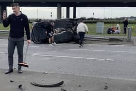 The scene of destruction on the Farlington Roundabout following a major pile-up earlier on February 19, 2022.