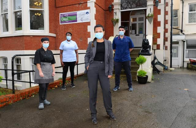 Oakland Grange Care Home in Merton Road, Southsea.
Pictured is: (l-r) Isadora Esmeraldo, chef, Linda Otieno, care assistant, Charisma Williams, care home manager, and Fabio Freitas, senior carer, at Oakland Grange Care Home.
Picture: Sarah Standing (111220-339)