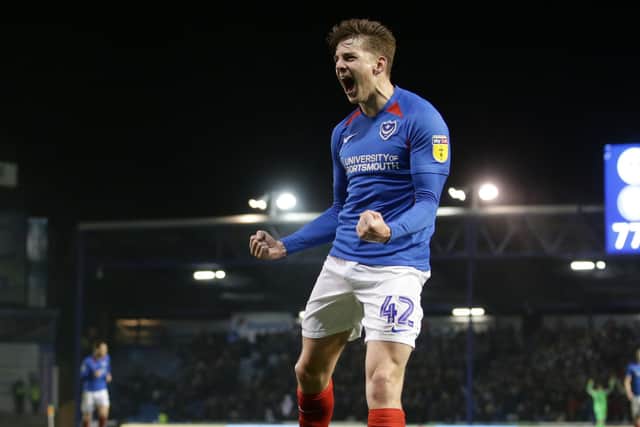 On-loan Birmingham loanee Steve Seddon celebrates his maiden goal for Pompey.  Picture: Photo by Robin Jones
