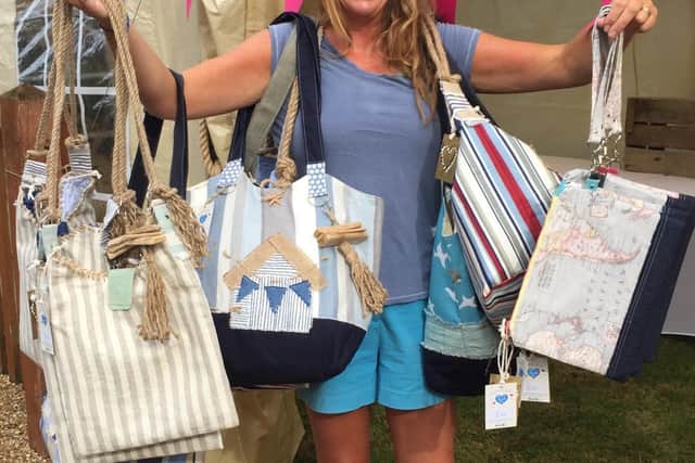 Joanne Melton, owner of The Seaside Sew with the bags she designed for her stall at Hampshire Open Studios 2019. 