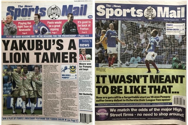 Left - Millwall 0 Pompey 5, Championship, March 2003 - another great win on the road to the Premier League. Right - MK Dons 2 Pompey 2, October 2012 - the first 'last ever' edition of the Sports Mail. Initially axed, it returned at the start of the 2013/14 season.