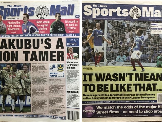 Left - Millwall 0 Pompey 5, Championship, March 2003 - another great win on the road to the Premier League. Right - MK Dons 2 Pompey 2, October 2012 - the first 'last ever' edition of the Sports Mail. Initially axed, it returned at the start of the 2013/14 season.