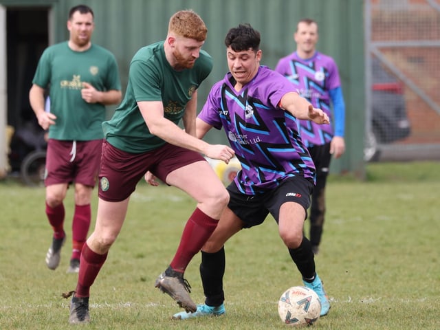 Action from the City of Portsmouth Sunday League Division Four match between Cross Keys Athletic (green shirts) and Al's Bar. Picture: Kevin Shipp