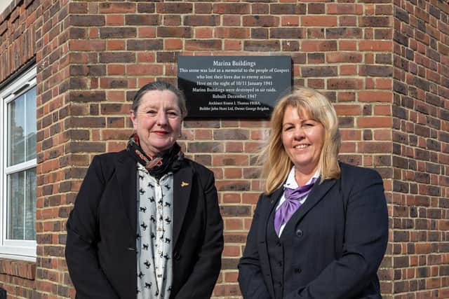 Councillor Dawn Kelly (Christchurch Ward) with Andrea Witham (Funeral Coordinator at Co-operative Funeral Care) in front of the plaque in Stoke Road. Picture: Mike Cooter (150322)
