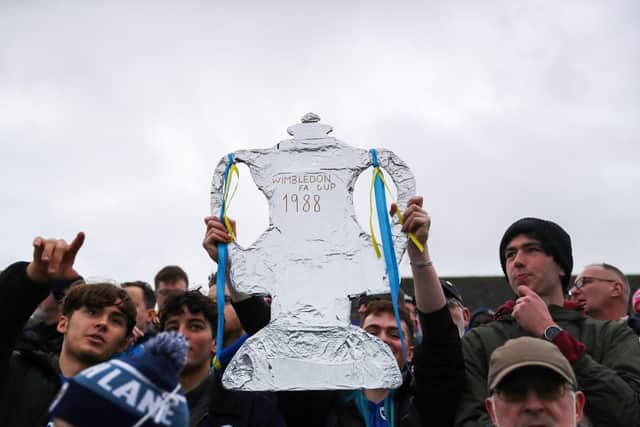 An AFC Wimbledon fan with a tinfoil FA Cup at Boreham Wood. Photo by Catherine Ivill/Getty Images.