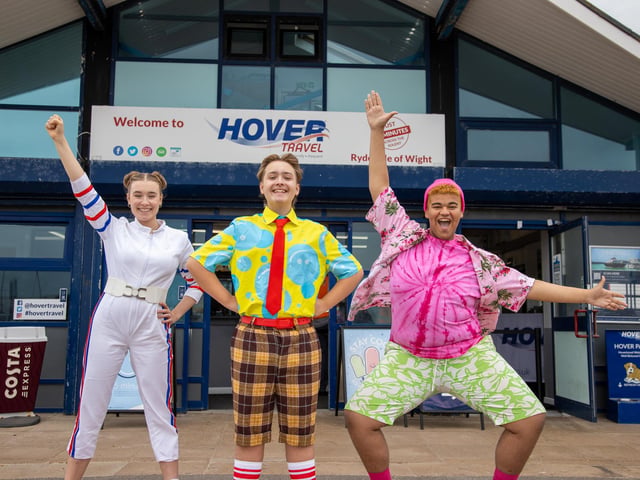 Pictured - Casper Horn, 16 (SpongeBob), Stanley Pearl (Patrick), Ella Burgos, 17 (Sandy)  and Jemima Rees, 14 (Patchy the Pirate) outside the hovercraftPhotos by Alex Shute
