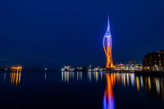 The Spinnaker Tower lit up in Foster Portsmouth colours