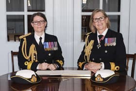Pictured: Commodore Jo Adey ADC RN takes command of the Maritime Reserves from Commodore Mel Robinson CBE RNR. Picture: LPhot Belinda Alker/Royal Navy.