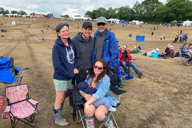 Carol Morrell, with Toby Giles, and husband Ian, with daughter Lisa Morrell and baby son Alfie, 8 months at the Wickham Festival 2021 