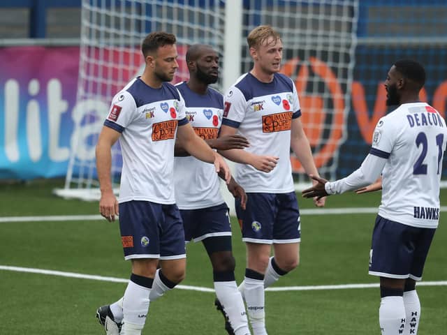 Bedsente Gomis, centre, gets the winner against Cray Valley PM. Picture: Dave Haines
