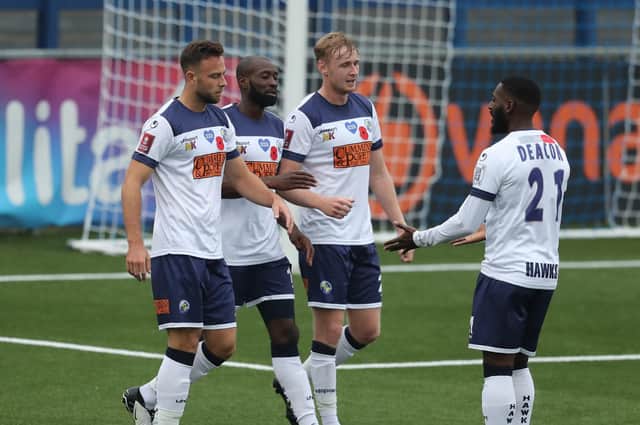 Bedsente Gomis, centre, gets the winner against Cray Valley PM. Picture: Dave Haines