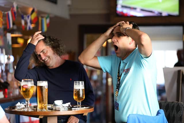 Andy Phillips, left, and Wayne Freeman. Fans watch England v Czech Reublic in England's third Group D game of Euro 2021, in The Star & Garter pub, Copnor, Portsmouth
Picture: Chris Moorhouse (jpns 220621-18)