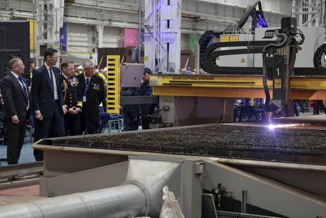 Alex Chalk, the Minister for Defence Procurement of United Kingdom, watches the 'first cut of steel' ceremony for HMS Active in Rosyth, Scotland  Picture: Jeff J Mitchell/Getty Images