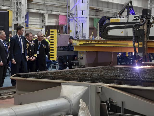 Alex Chalk, the Minister for Defence Procurement of United Kingdom, watches the 'first cut of steel' ceremony for HMS Active in Rosyth, Scotland  Picture: Jeff J Mitchell/Getty Images