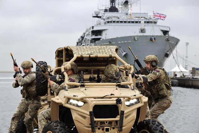 Pictured: Royal Marines from HMS Albion, take part in a display with their Dutch counterparts. They are pictured here using Polaris MRZR-D4 Ultralight Combat and Tactical Support Vehicles. An agile, high-speed vehicle designed for smaller teams to get across the battlefield. Picture: PO Phot Arron Hoare/Royal Navy.