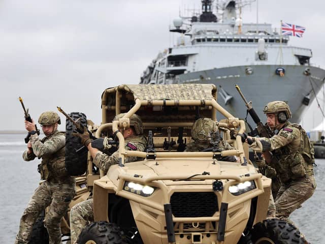 Pictured: Royal Marines from HMS Albion, take part in a display with their Dutch counterparts. They are pictured here using Polaris MRZR-D4 Ultralight Combat and Tactical Support Vehicles. An agile, high-speed vehicle designed for smaller teams to get across the battlefield. Picture: PO Phot Arron Hoare/Royal Navy.