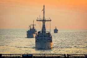Three Royal Navy minehunters and a support ship, RFA Cardigan Bay have joined an international minhunting exercise in Oman. Photo: LPhot Rory Arnold.