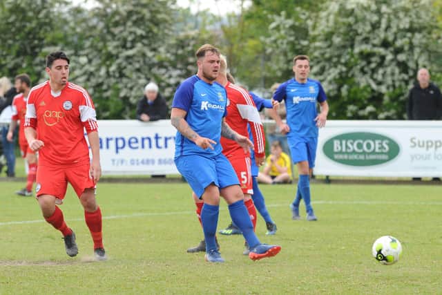 Tyler Moret (middle) was on target as Baffins won their opening Wessex League game 3-0 at Alresford. Picture: Sarah Standing