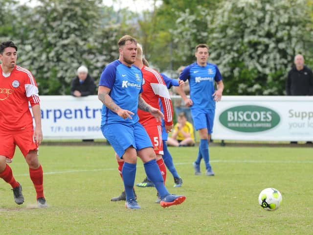 Tyler Moret (middle) was on target as Baffins won their opening Wessex League game 3-0 at Alresford. Picture: Sarah Standing