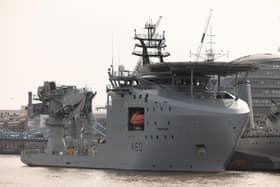 Pictured: RFA Proteus alongside HMS Belfast in London, on Monday 9th October 2023. RFA Proteus was purchased by the Royal Navy and converted into a surveillance ship. Picture: Petty Officer Joel Rouse.