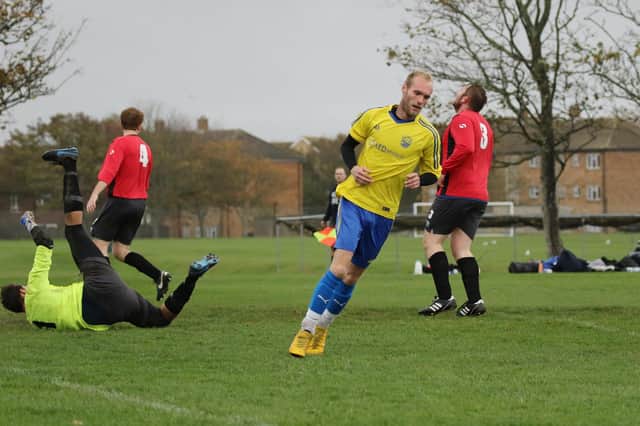 Meon Milton have just scored again in their 5-2 Mid-Solent League win over Rowner. Picture by Kevin Shipp