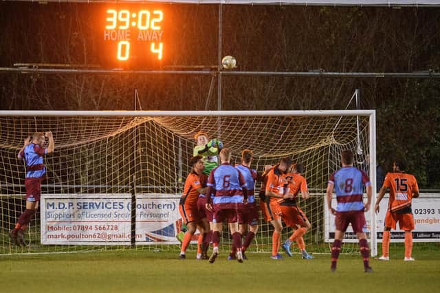 Bad news in bright lights - the scoreline says it all as AFC Portchester crash to a home loss against Wessex Premier leaders Hamworthy.
Picture: Keith Woodland