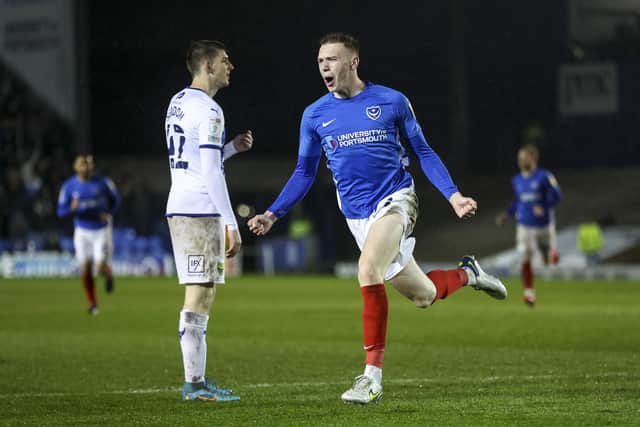 Hayden Carter celebrates his Pompey goal against Oxford United.