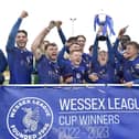 Baffins Milton Rovers lift the Wessex League Cup. Picture: Sarah Standing