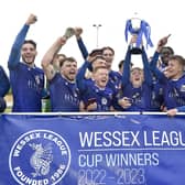 Baffins Milton Rovers lift the Wessex League Cup. Picture: Sarah Standing