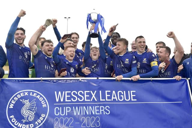 Baffins Milton Rovers lift the Wessex League Cup. Picture: Sarah Standing