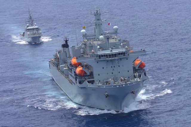 RFA Argus, front,  meets up with HMS Medway in the Caribbean in the waters near the Cayman Islands