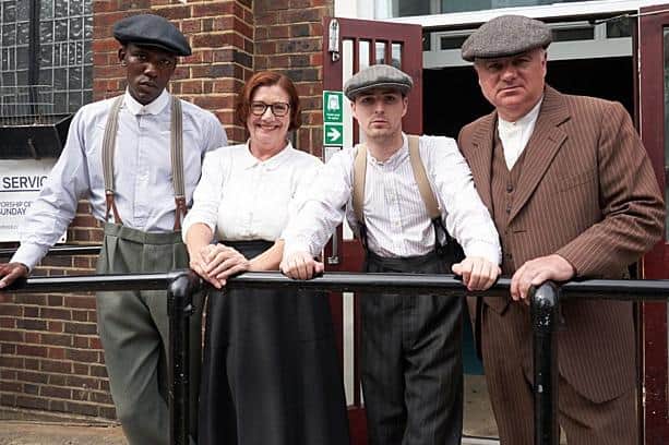 Four of the hopefuls from the new BBC reality show Bring The Drama get ready for their Peaky Blinders scene (Picture: BBC/Wall to Wall Productions/Dave King)