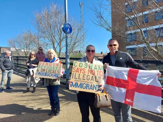 Illegal immigration protestors gathered outside Roebuck House in Cosham on Sunday, March 30.