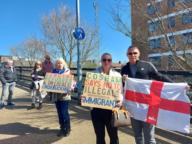 Illegal immigration protestors gathered outside Roebuck House in Cosham on Sunday, March 30.