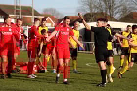 Horndean protest to referee John Pike after Leon Baker was fouled by Lee Molyneaux, who was booked.
Picture: Sam Stephenson.