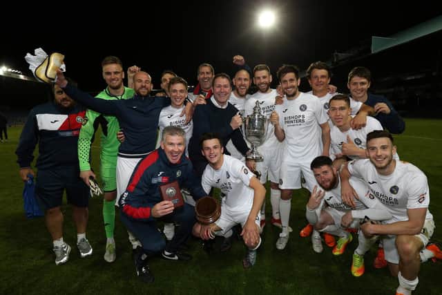 Hawks celebrate their win against AFC Portchester in the 2017/18 Portsmouth Senior Cup final at Fratton Park. Picture: Chris Moorhouse.