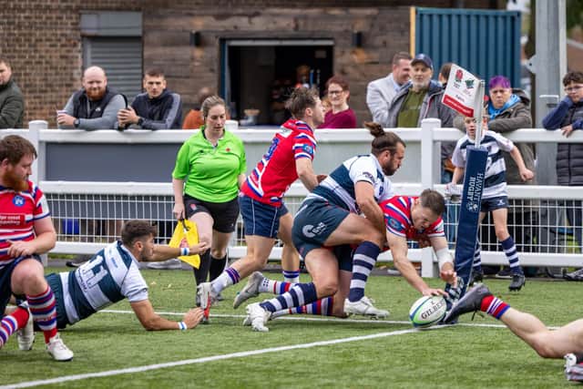 Action from Havant's (blue & white) home loss to unbeaten league leaders Tonbridge. Picture: Mike Cooter