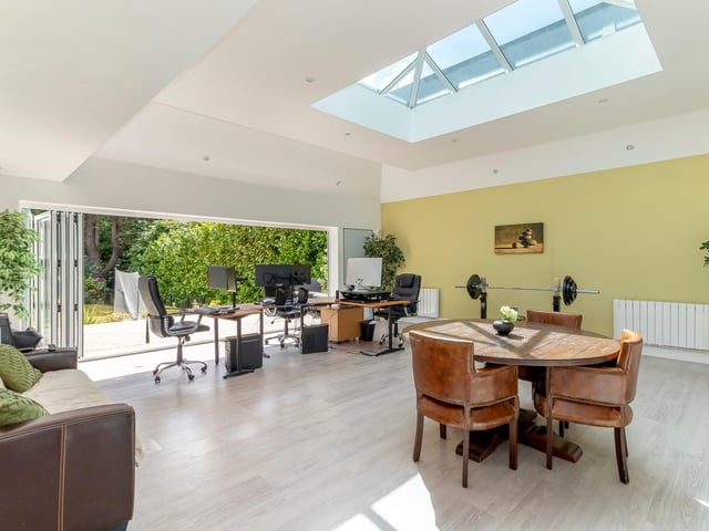 There is a recently added self-contained annexe, which has been stylishly furnished with a kitchenette, shower room, ornate skylight, and is currently used as a home office.