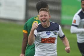 Tommy Wright celebrates after scoring on his competitive Hawks debut against Horsham in the FA Cup. Pic: Dave Haines.