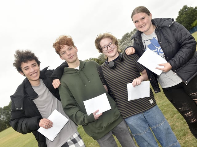 Pupils from King's Academy Brune Park in Gosport, picked up their GCSE results on Thursday, August 22, 2024.
Pictured is: (l-r) Bradley Barnes Pena (16), Max Perry (16), Holly Wynne (16) and Chloe-Mai Adams (16).
Picture: Sarah Standing (220824-9310)