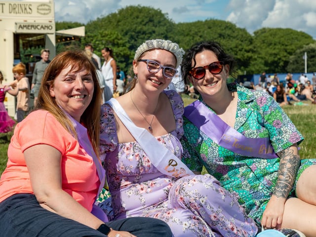 Laura Smith (31) taking it easy with friends at the bandstand the day after her hen night. Picture: Mike Cooter (210724)